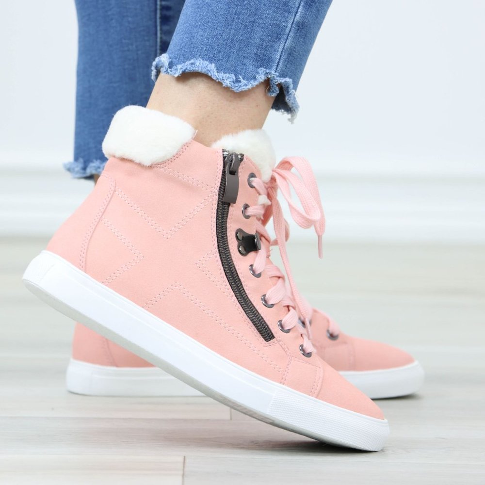 Pink Fashion High Tops Sneakers Shoes Fuzzy Ankle - Picture 4 of 11